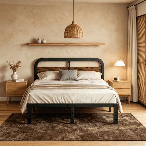 Apextella 14 in Full Metal Platform Bed Frame with Natural Wood Headboard, No Box Spring Needed, Underbed Storage
