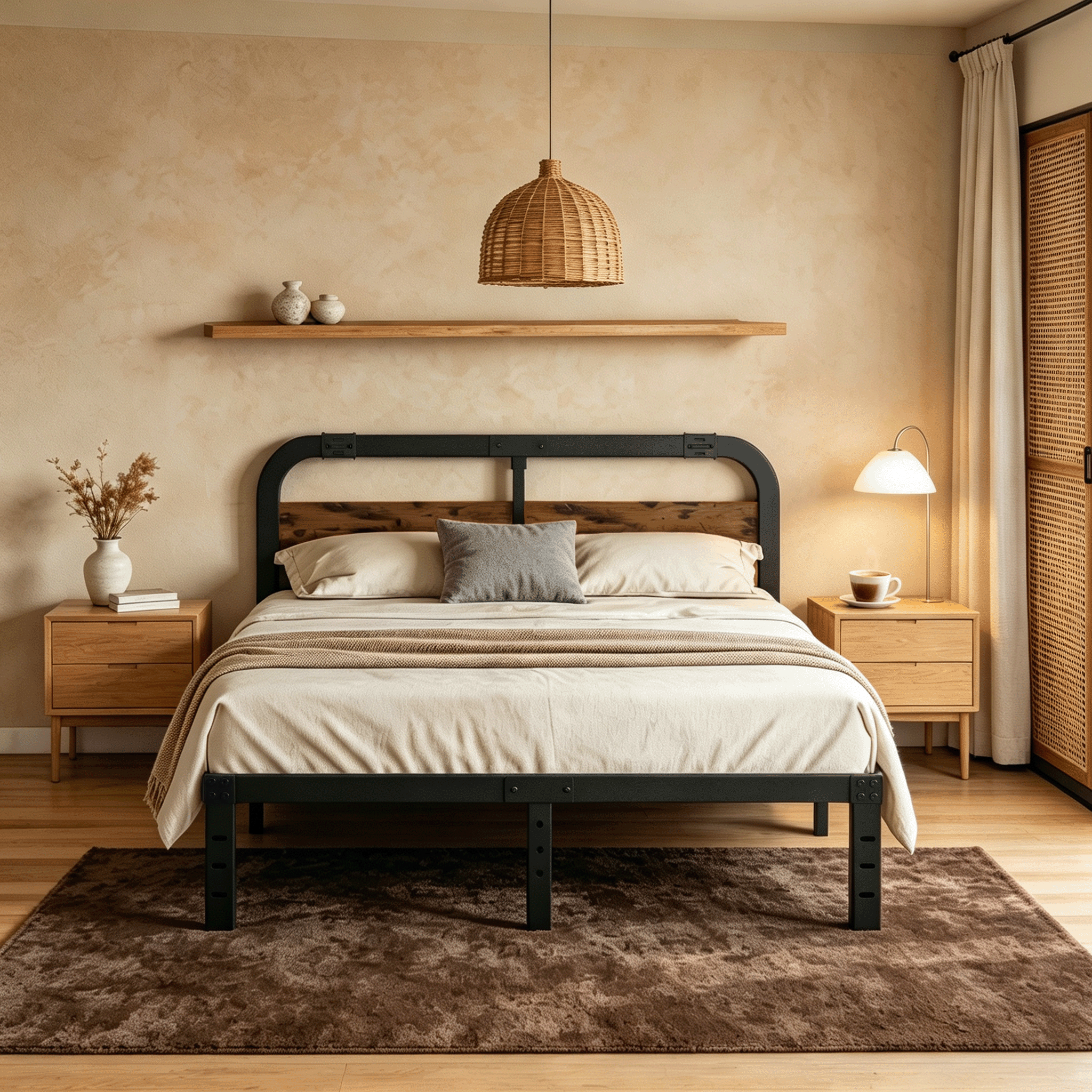 Apextella 14 in Full Metal Platform Bed Frame with Natural Wood Headboard, No Box Spring Needed, Underbed Storage