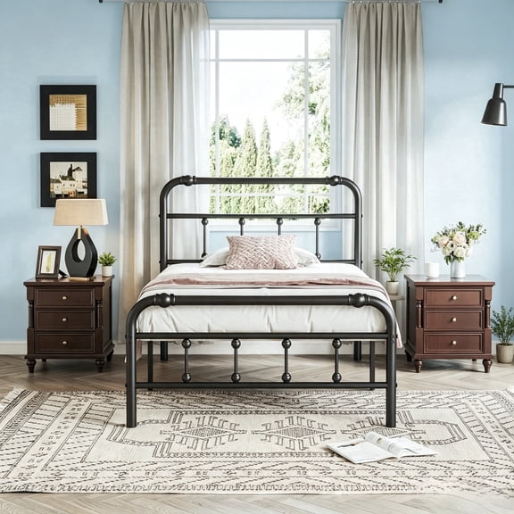 Apextella 14 in Twin XL Metal Platform Bed Frame with Curved Headboard and Footboard, No Box Spring Needed, Underbed Storage, Black
