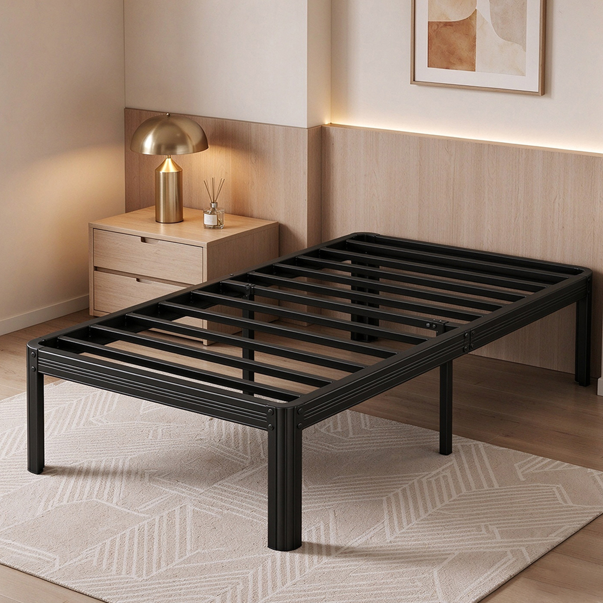 Apextella 14 in Twin XL Metal Platform Bed Frame, Round Corners, No Box Spring Needed, Underbed Storage, Black