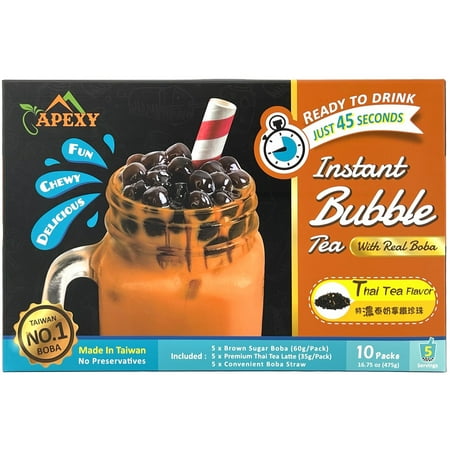 Apexy Bubble Tea Complete Set with Real Boba Pearls, Best DIY Boba / Bubble Tea Kit, Ready In 45 Seconds, 5 Packs Milk Tea Powder + 5 Packs Brown Sugar Tapioca Pearls + 5 Bubble tea Straws, Thai Tea