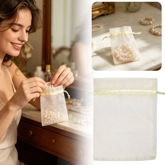 Apeya 100 Pcs Mesh White Drawstring Bags, Transparent Organza Gift Pouches for Jewelry, Wedding Favors, Cosmetics and Party Candy Packaging
