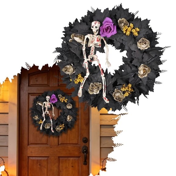 Apeya 20 Inch Halloween Skeleton Wreath, Gothic Front Door Wreath with Champagne Roses Gold Berries Black Maple Leaves, Spooky Haunted House Home Decor