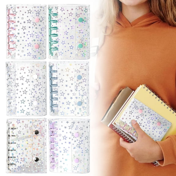 Apeya A7 Binder Cover, Clear Notebook Protector with Glitter Star Patterns, Loose Leaf Budget Planner Accessory for Cash Envelopes and Journals, 5.7x4.33 in