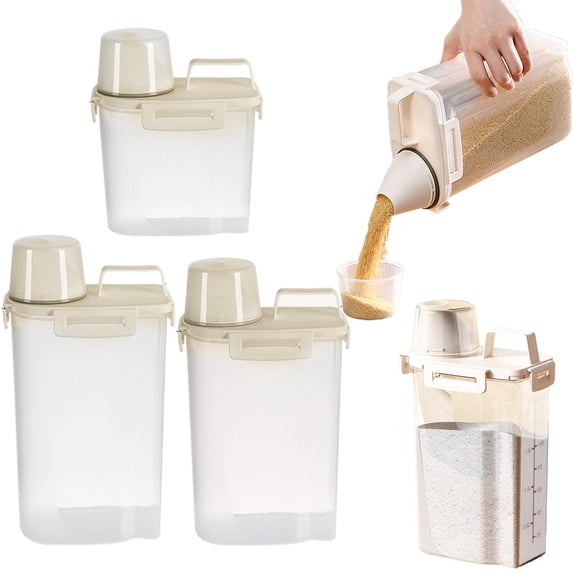 Apeya Airtight Rice Storage Container, Transparent Dry Food Canister with Pour Spout and Measuring Cup, Stackable Kitchen Pantry Organizer Bin, 1.8L