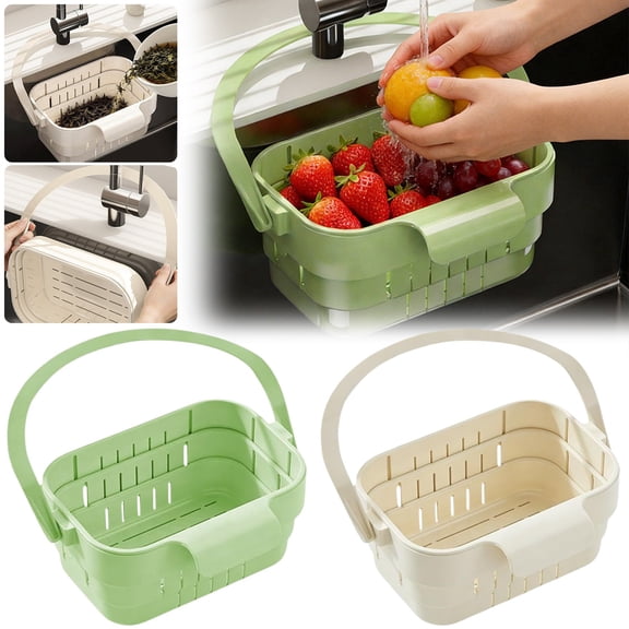 Apeya Beige Hanging Kitchen Sink Strainer Basket, 7.48x2.87 Inch Retractable Colander Food Waste Catcher, Space Saving Drain Filter for Faucet Sponge Holder