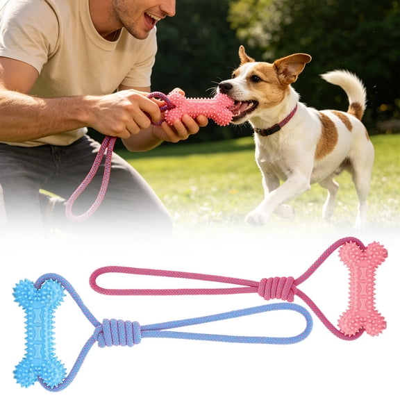 Apeya Blue 13.4x5.11 Inch Dog Chew Toy, Dual-Action Teeth Cleaning Mouth Prop Durable Rubber Bone with Rope for Teething Puppies Small Medium Aggressive Chewers