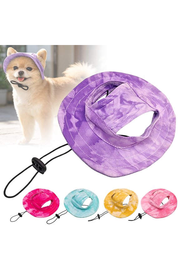 Blue Pet Baseball Cap, Breathable Cotton Dog Sun Hat with Ear Holes, Summer Bucket Hat with Adjustable Drawstring for Small Medium Dogs, L