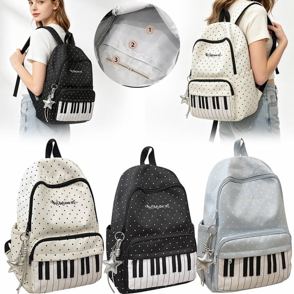 Apeya Blue Piano Keyboard Backpack, Cute Twee Polka Dot Bookbag with Star Keychain, Medium Polyester Music Daypack for Teens Women, 11.81x15.74 Inch