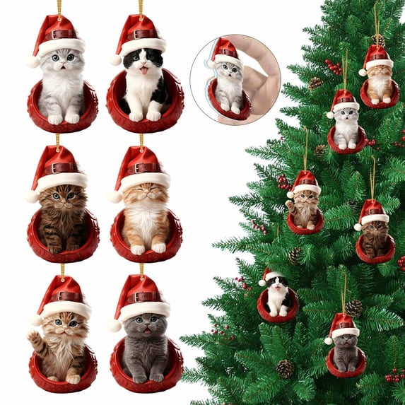 Apeya Cat Christmas Tree Ornament 2D Acrylic Hanging Pendant Cute Animal Decor With Santa Hat Clear Ornament For Holiday Home Holiday Decoration