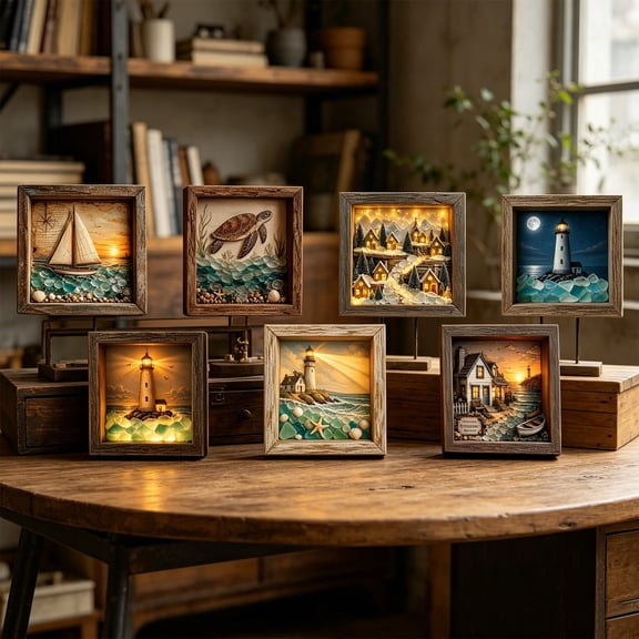 Apeya Coastal Lighthouse Sea Glass Shadow Box Night Light, LED Picture Frame Wall Decor, Warm Glow Nautical Tabletop Accent for Bedroom, 8.5x8.5 Inch