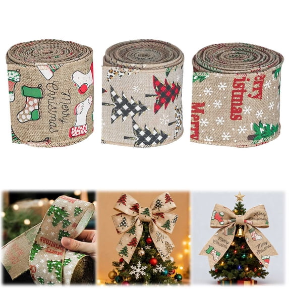 Apeya Cute Christmas Burlap Ribbon with Plaid Snowflake Tree Stocking Pattern 2.5 Inch 5 Yards for Gift Wrapping Wreath Bows Holiday DIY Crafts