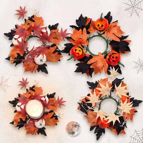 Apeya Fall Candle Rings Wreaths, Artificial Maple Leaf Foam Pumpkin Floral Holder, Small Door Cabinet Hanging Wreath Decor for Cozy Family Dinners,11 Inch