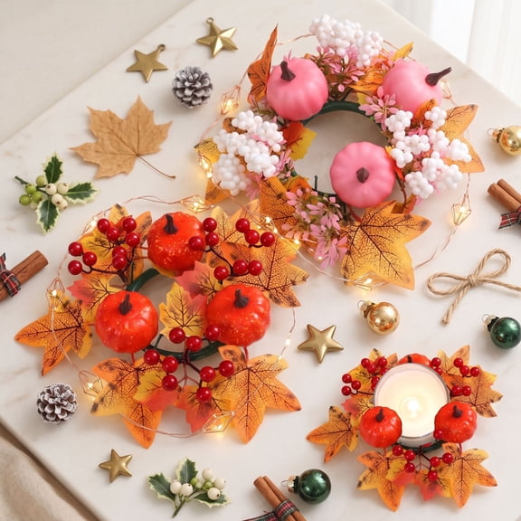 Apeya Fall Candle Rings Wreaths, Artificial Maple Leaf Pumpkin Candle Holder, Mini Wreath Pillar Rings for Thanksgiving Halloween Table Decor, 7.5 Inch