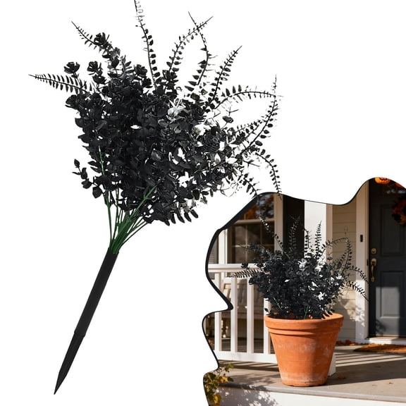 Apeya Halloween Artificial Flowers Bouquet, 24.4 Inch Black Ferns and Plastic Plants with Stake, Gothic Home Table Centerpiece Cemetery Yard Porch Decoration