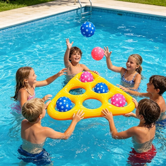 Apeya Inflatable Pool Toss Game Set, Double Sided Yellow Orange Triangular Float with 6 Balls, Summer Water Party Target Toys for Adults, 40.55x36.61 in