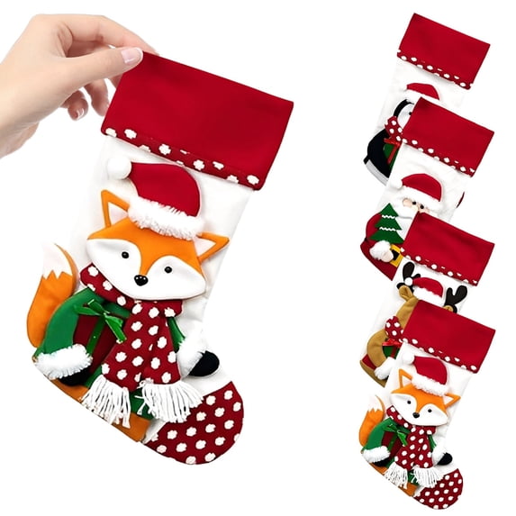 Apeya Kids Christmas Stocking 3D Plush Fox Penguin Santa Reindeer Character Red Cuff for Fireplace Hanging Holiday Decor Family Gift Home Decoration
