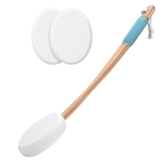 Apeya Long-Handled Back & Feet Lotion Applicator, with 3 Replaceable Pads, Ideal for Elderly & Women,Brush Head Bath Polishing Brush (One Wooden Handle with Three Brush Heads Blue Handle) B