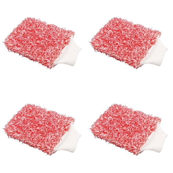 Apeya Red Scratch-Free Microfiber Cleaning Mitt, 11x7 Inch Soft Plush Glove for Car Wash and Household Dusting on Delicate Painted Surfaces, 4PC