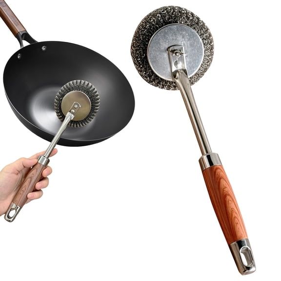 Apeya Stainless Steel Scrubber with Long Handle, Metal Dish Scrubber for Pots and Pans, Heavy Duty Steel Wool Wire Scrubber for Grill Racks, 11.81x3.74 Inch