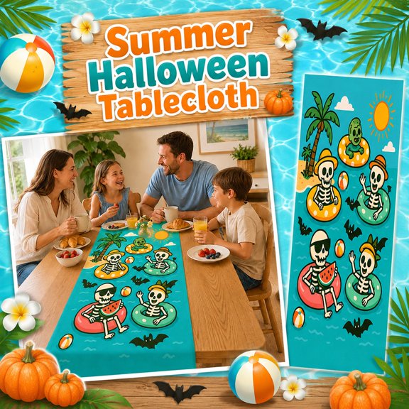 Apeya Summer Halloween Tablecloth, Tropical Skeleton Beach Print Polyester Table Cover, Reusable Rectangle Tablecloth for Indoor Outdoor Pool Party BBQ Luau