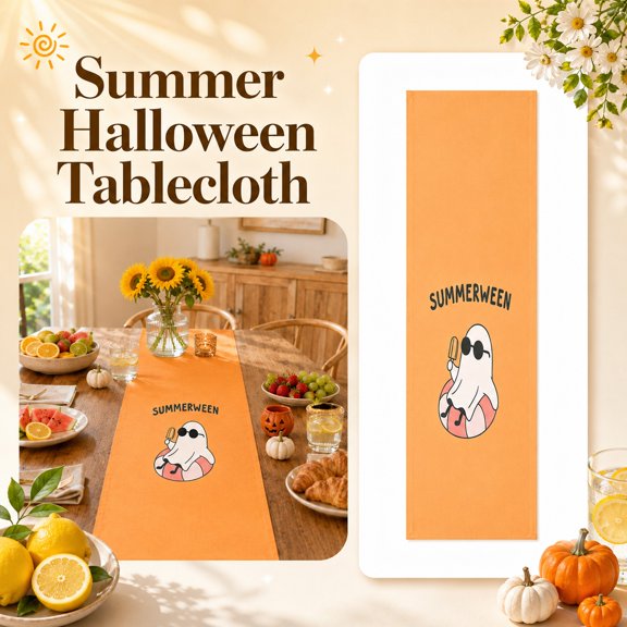 Apeya Summerween Tablecloth, Cool Ghost Beach Ball Print Polyester Table Cover, Reusable Rectangle Tablecloth for Pool Party BBQ Beach Luau