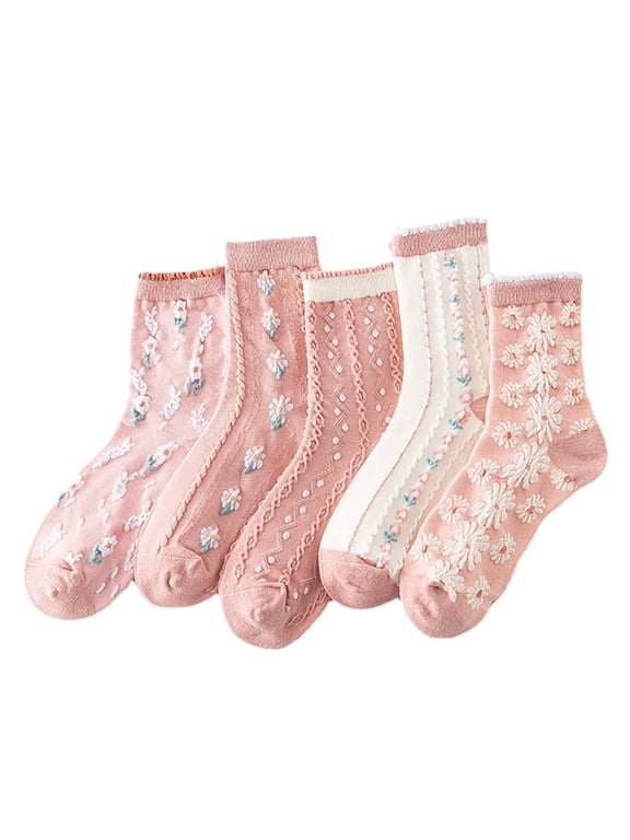 Womens Cute Floral Frilly Ankle Socks, Patterned Ruffle Lettuce Trim Mid Crew Socks, Breathable Vintage Cottagecore Novelty Crew Socks for Women
