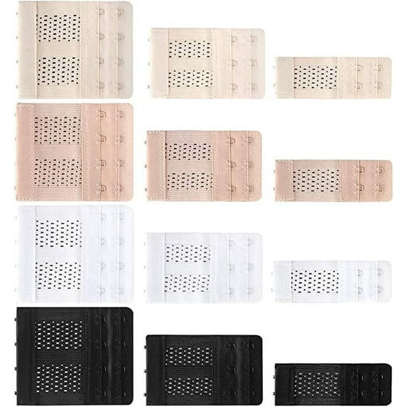 Aphlos 12 Pack Bra Extender Strap Breathable 2/3/4 Hooks Adjustable Flexible Women's Bra Strap 4 Assorted Colors - White, Black, Beige, Dark Beige