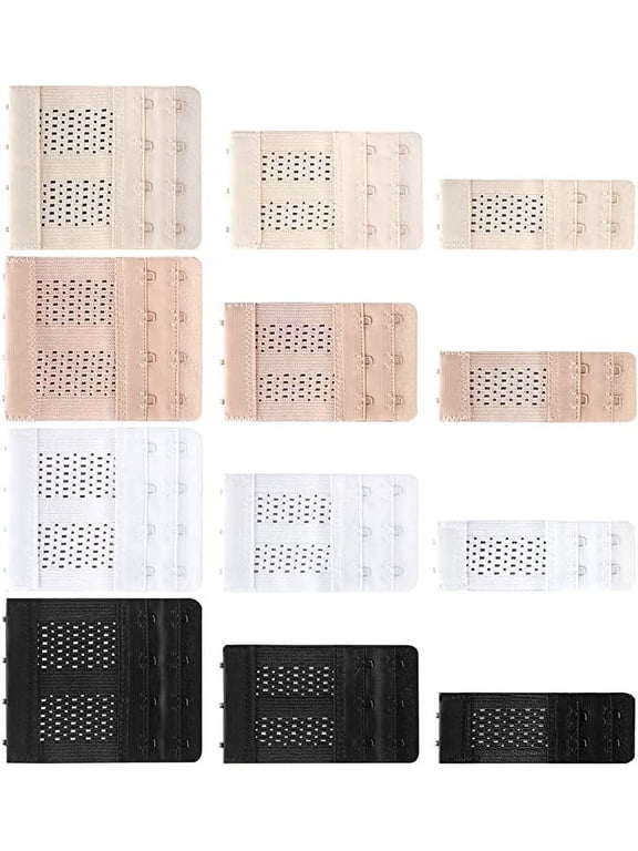 12 Pack Bra Extender Strap Breathable 2/3/4 Hooks Adjustable Flexible Women's Bra Strap 4 Assorted Colors - White, Black, Beige, Dark Beige