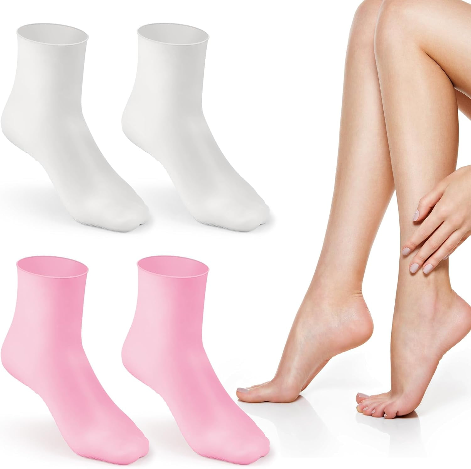 Aphlos Long Silicone Socks 2 Pairs, Moisturizing Socks, Soft Gel Socks for Dry Cracked Feet Women, Comfortable for Overnight Use & Spa Recovery (Pink & White)