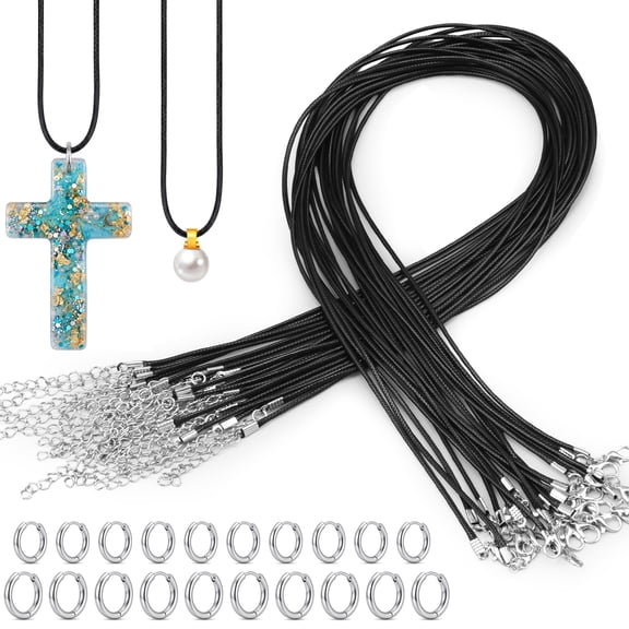 Aphlos Jewelry Making Kit, 20 Leather Necklace Cords and Hoop Earrings 40-PIECE JEWELRY KIT Includes 20 black necklace cords, 20 stainless steel hoops in 2 sizes and a storage box