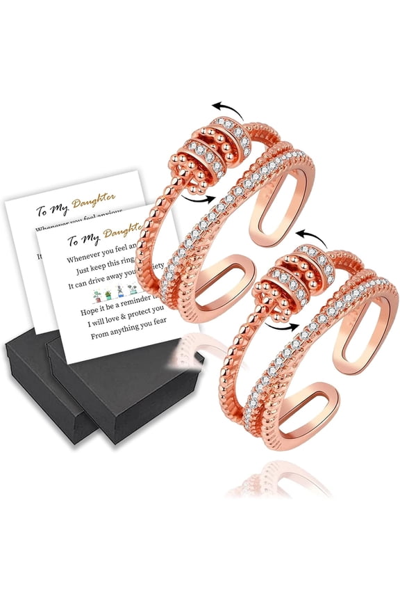 Aphro To My Daughter - Fidget Ring, Open Adjustable Spinning Anxiety Bead Spinner Ring, Calming Worry Meditation Rings for Women, Fashion Jewelry Gifts for Daughter (2 X Rose Gold)