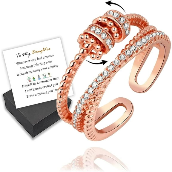 Aphro To My Daughter - Fidget Ring, Open Adjustable Spinning Anxiety Bead Spinner Ring, Calming Worry Meditation Rings for Women, Fashion Jewelry Gifts for Daughter (Rose Gold)