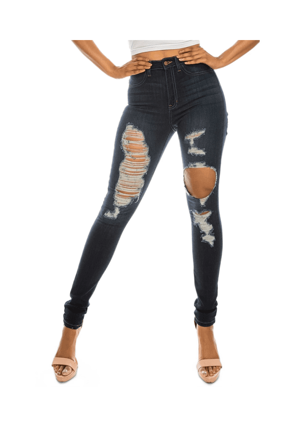 DARK BLUE Girls' Juniors' Ripped High-Rise Skinny Jeans, 15