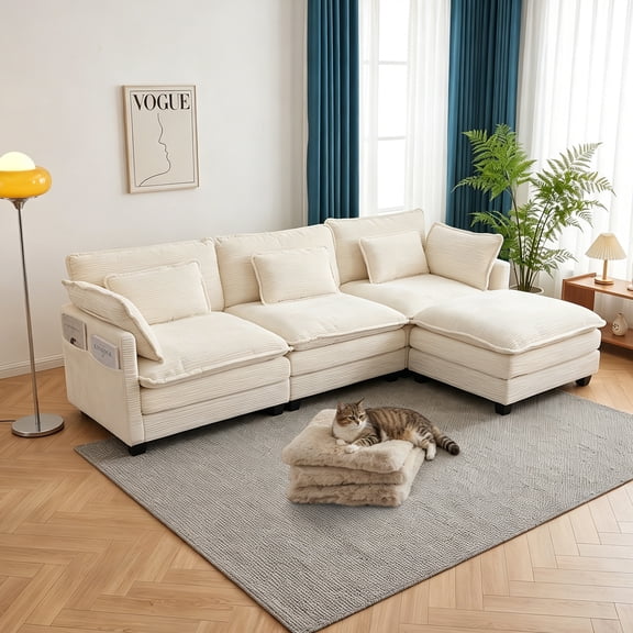Aphthongs 110.6" Modular Sectional Couch with Charging port,Corduroy L-Shaped Sofas Cloud Couch,Deep Seat Comfy Floor Sofa with Extra Pillows for Living Room Bedroom