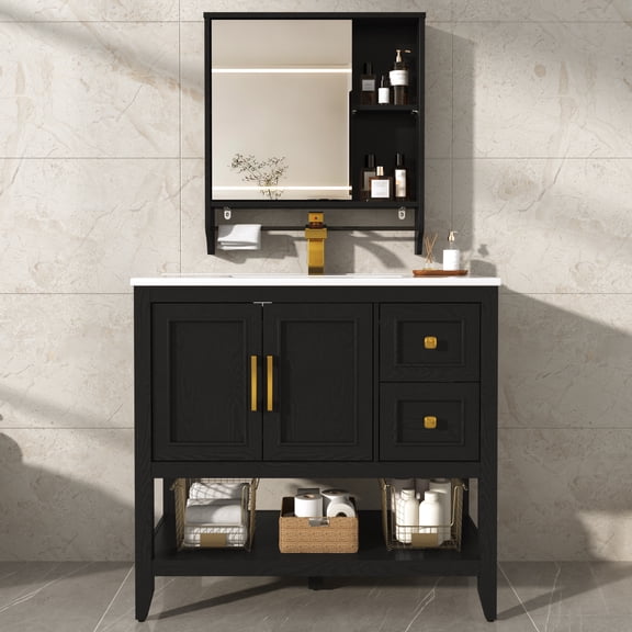 Aphthongs 36 inch Sink Bathroom Vanity Set with Faucets & Wall Medicine Mirrors Cabinet, Freestanding Bathroom Cabinet with Towel bar, 2 Drawers, 2 Doors, Storage Shelf and Resin Basin