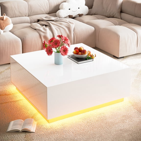 Aphthongs 43.3 Inch Coffee Table with LED Lights, High Glossy Center Table with 2 Storage Drawers
