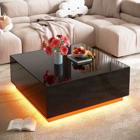 Aphthongs 43.3 Inch Coffee Table with LED Lights, High Glossy Center Table with 2 Storage Drawers