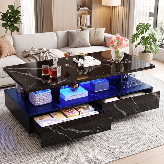 Aphthongs 43" LED Storage Coffee Table Modern Side Tables Rectangular Modern Center Table with Marbling Print for Living Room,Office,Small Place