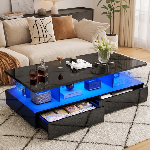 Aphthongs 44'' LED Coffee Table High-Glossy Modern Side Tables Rectangular Center Table with 2 Sliding Drawers for Living Room,Office,Small Place