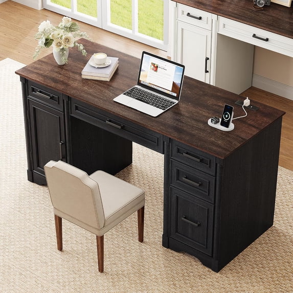Aphthongs 58" W Wood Executive Desk, Farmhouse Home Office Desk w/ File Drawer & Charging Station, Rustic Writing Desk Study Table Elegant Computer Desk with Storage, Black