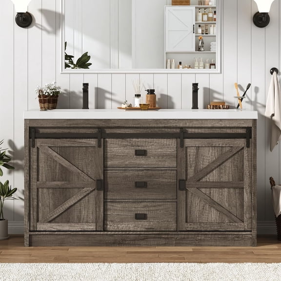 Aphthongs 59.5" Double Sink Farmhouse Bathroom Vanity with Sink Top, Freestanding Wood Bath Cabinet with Sliding Doors & 3 Storage Drawers, Bath Vanity Set with 2 Faucets & Drain Pipes for Bathroom