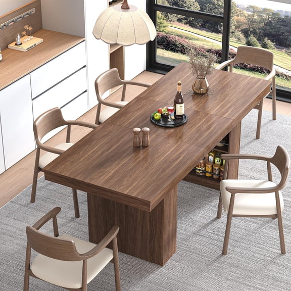 Aphthongs 60" to 79" Farmhouse Extendable Dining Table for 4-8 Person, Modern Rectangular Expandable Kitchen Table with Hidden Storage & Space-Saving 4-Tier Shelf for Living Room Home Office