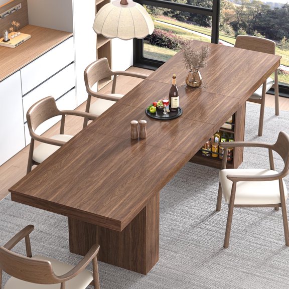 Aphthongs 72" to 110" Farmhouse Extendable Dining Table for 6-12 Person, Modern Rectangular Expandable Kitchen Table with Hidden Storage & Space-Saving 4-Tier Shelf for Living Room Home Office