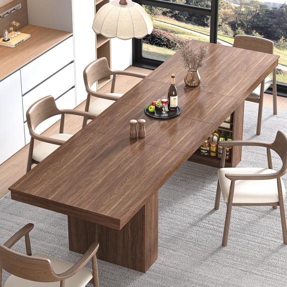 Aphthongs 72" to 110" Farmhouse Extendable Dining Table for 6-12 Person, Modern Rectangular Expandable Kitchen Table with Hidden Storage Shelf & Space-Saving 4-Tier Shelf for Living Room Home Office