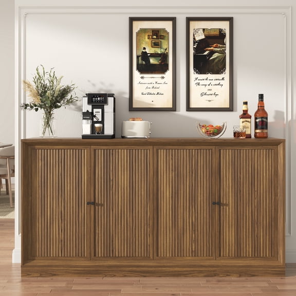 Aphthongs 63" Fluted Buffet Cabinet with 4 Doors, Modern Accent Credenza with Adjustable Shelves, Wood 4 Doors Media Console Coffee Bar for Living Dining Room Entryway