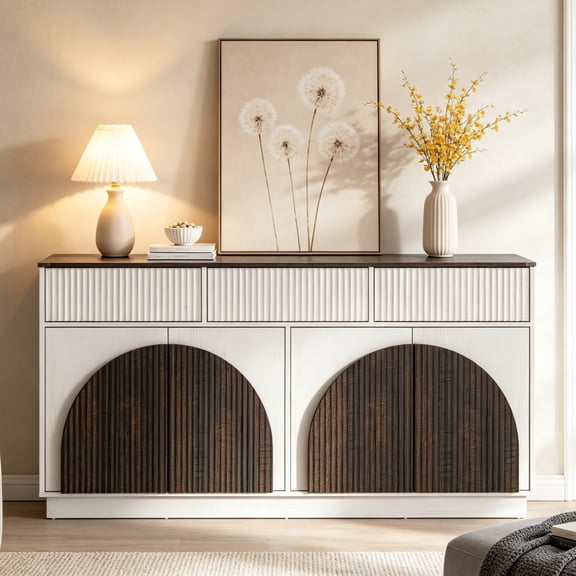 Aphthongs Modern Fluted Sideboard Cabinet, 65" W Symmetrical Arc Accent Sideboard Buffet Cabinet with Storage & 3 Drawers, Fluted Buffet Cabinet, Credenza, Wood Mid Century Cabinet, White