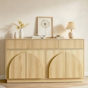 Aphthongs Modern Fluted Sideboard Cabinet, 65" W Symmetrical Arc Accent Sideboard Buffet Cabinet with Storage & 3 Drawers, Fluted Buffet Cabinet, Credenza, Wood Mid Century Cabinet, Natural
