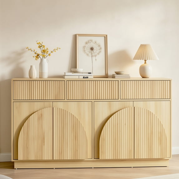 Aphthongs Modern Fluted Sideboard Cabinet, 65" W Symmetrical Arc Accent Sideboard Buffet Cabinet with Storage & 3 Drawers, Fluted Buffet Cabinet, Credenza, Wood Mid Century Cabinet, Natural