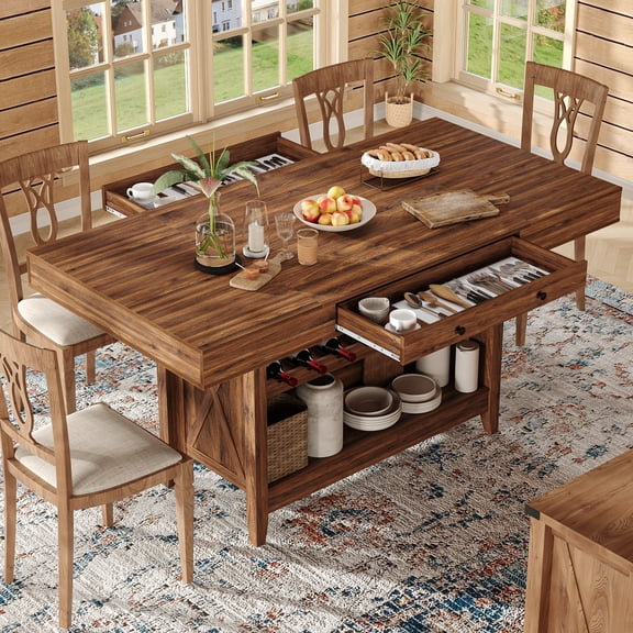 Aphthongs 70.87" Counter Height Dining Table for 4-6, Farmhouse Wood Bar Table with Dual-Side Wine Rack & Drawers, Rustic Kitchen Island Table with Storage Shelf